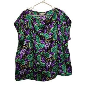 Vintage Studio C Silky Satin Multicolor Paisley Boho Blouse Casual Top Size 38